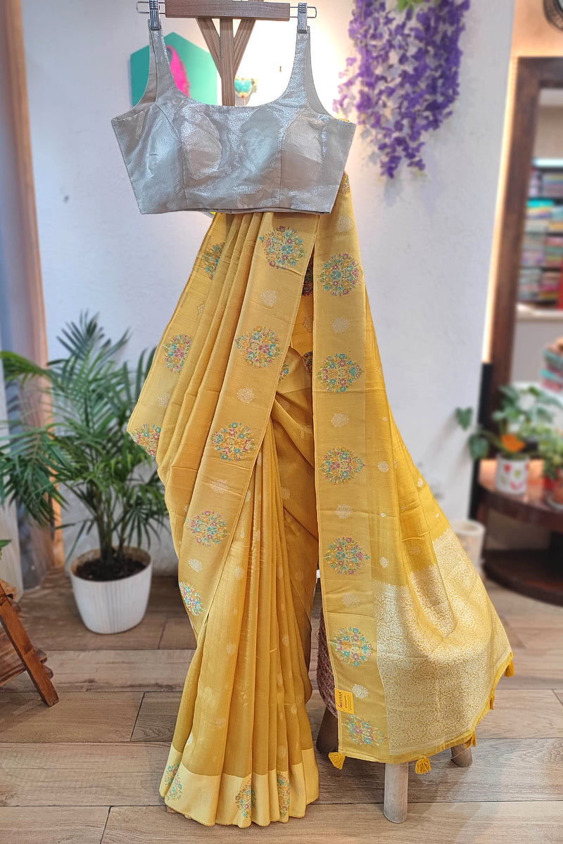 Yellow Crepe Silk Saree with Meenakari Banarasi Weaving | Elegant Party Wear