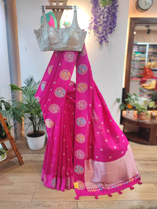 Pink Crepe Silk Saree with Meenakari Banarasi Border | Shop Now