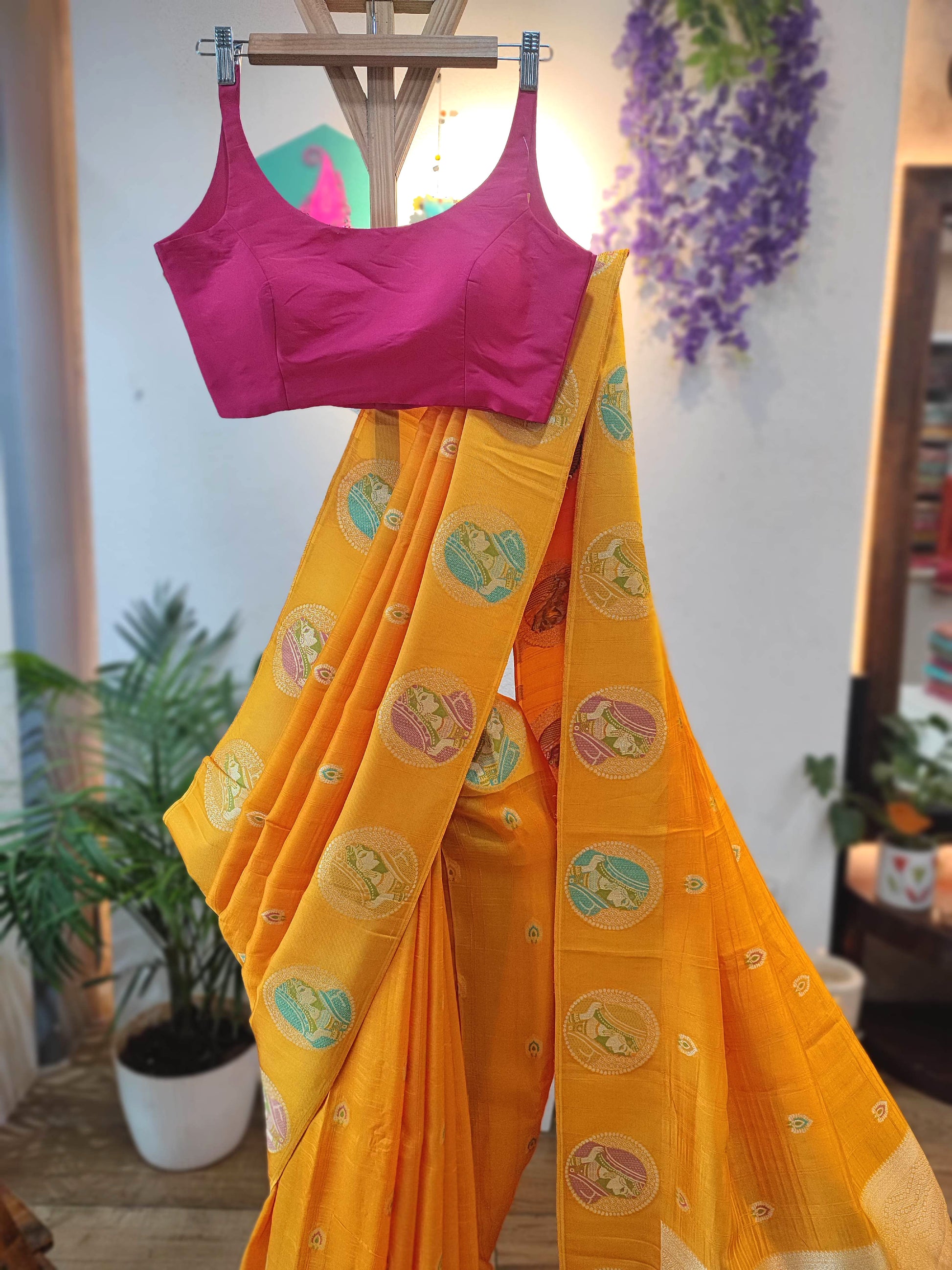 Yellow Crepe Silk Saree with Meenakari Banarasi Border | Ethnic Wear