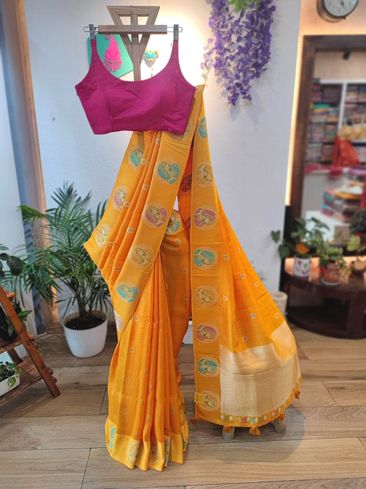Yellow Crepe Silk Saree with Meenakari Banarasi Border | Ethnic Wear