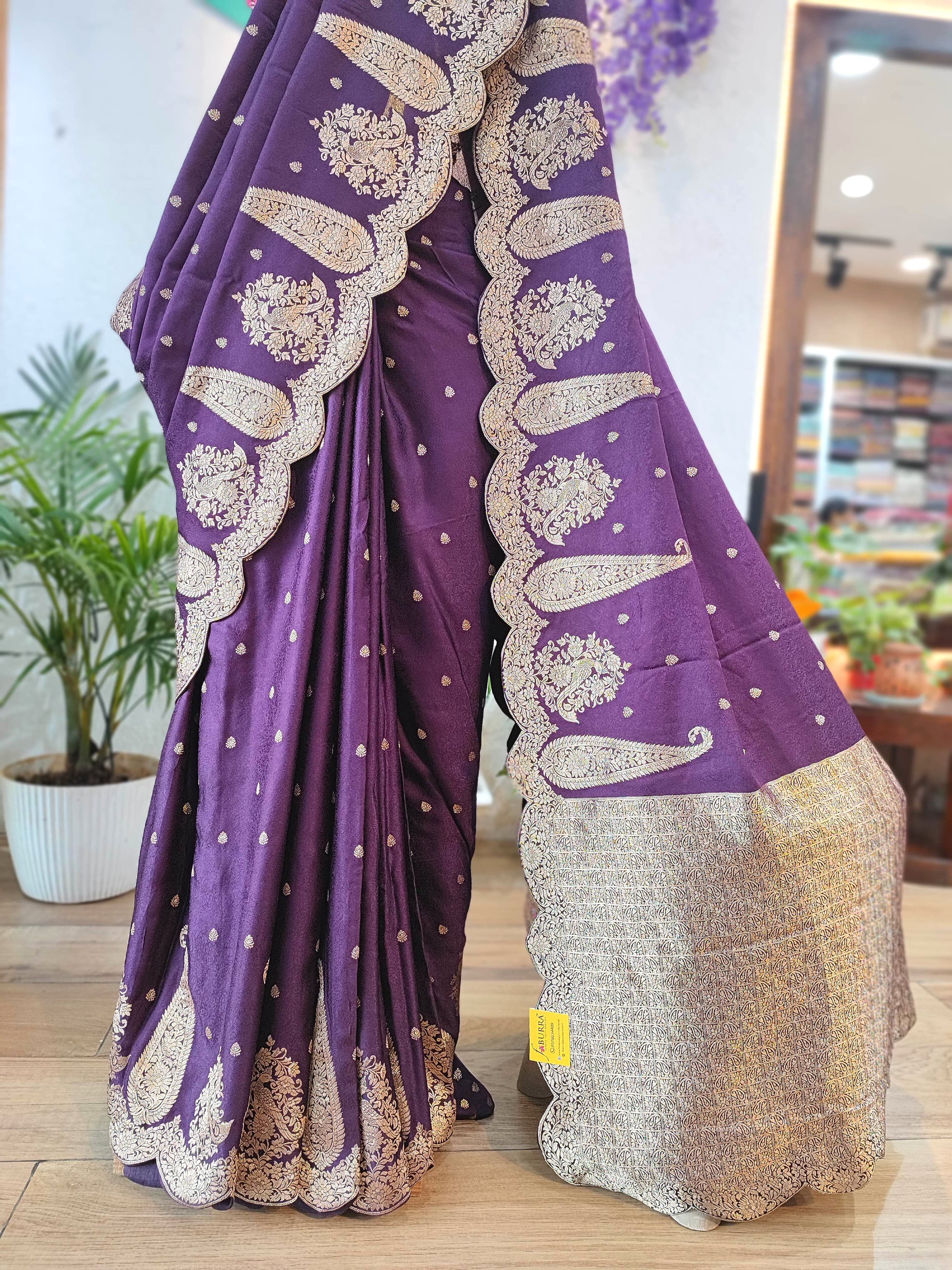 Royal Purple Gajji Silk Saree with Golden Zari Border | Festive Wear