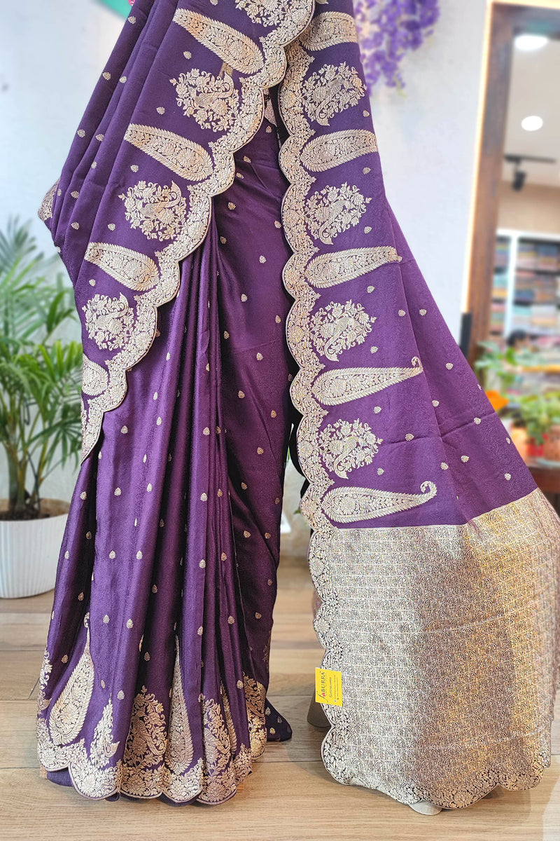 Royal Purple Gajji Silk Saree with Golden Zari Border | Festive Wear