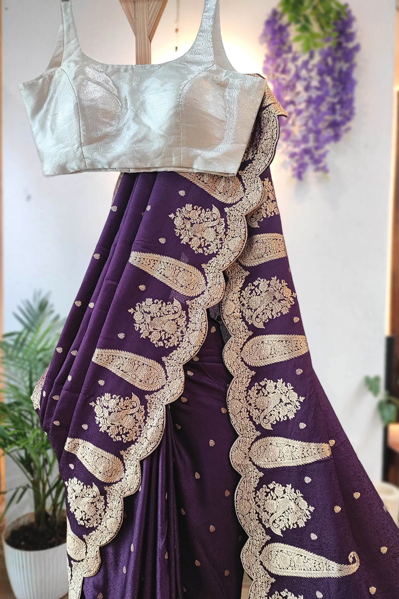 Royal Purple Gajji Silk Saree with Golden Zari Border | Festive Wear