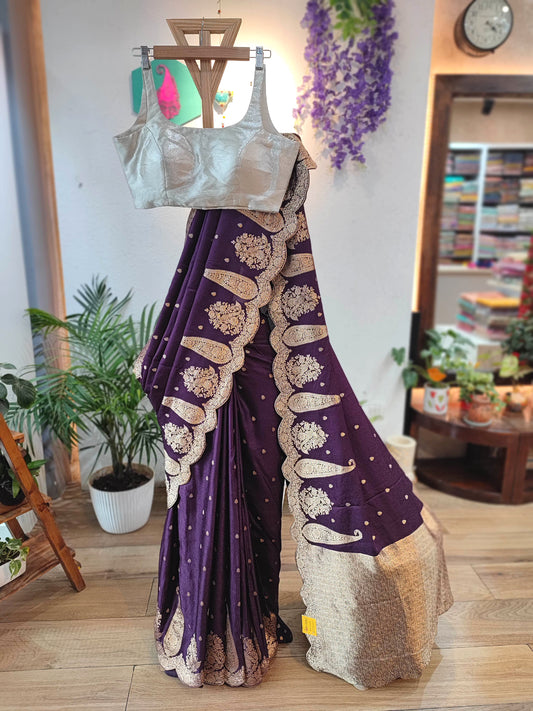 Royal Purple Gajji Silk Saree with Golden Zari Border | Festive Wear