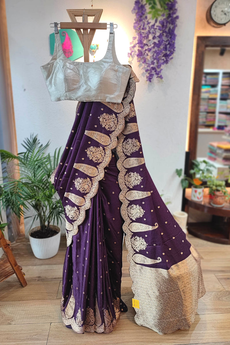 Royal Purple Gajji Silk Saree with Golden Zari Border | Festive Wear