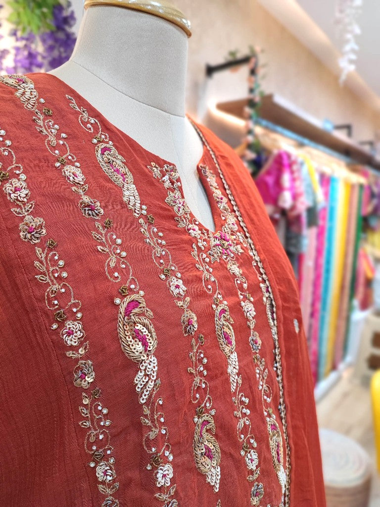 Buy Now Rust Chanderi Silk Partywear Suit Set with Handwork 