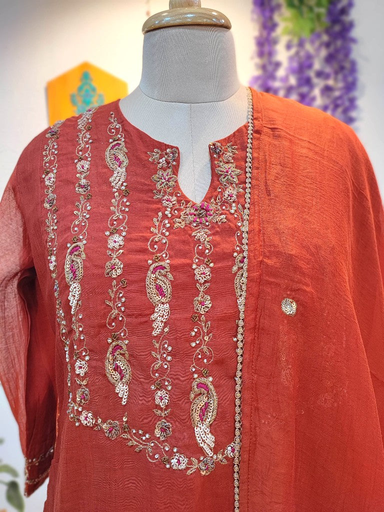 Buy Now Rust Chanderi Silk Partywear Suit Set with Handwork 
