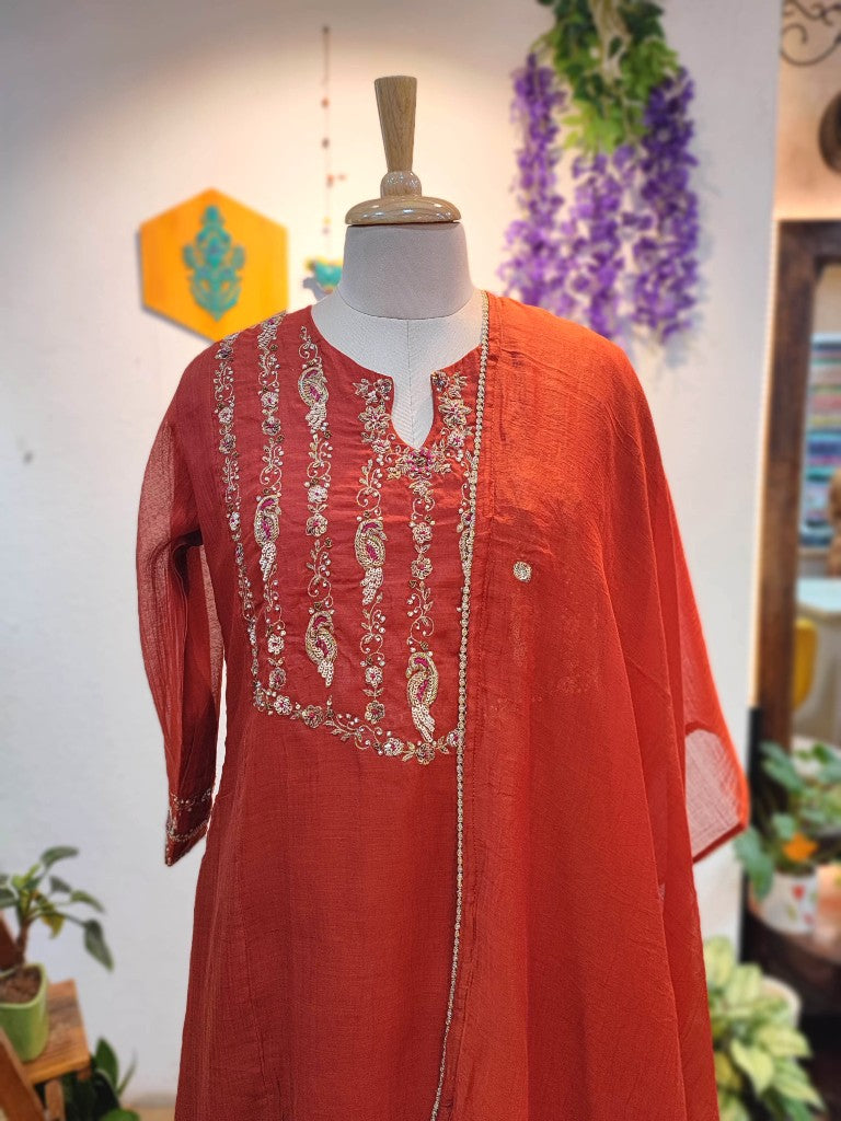 Buy Now Rust Chanderi Silk Partywear Suit Set with Handwork 