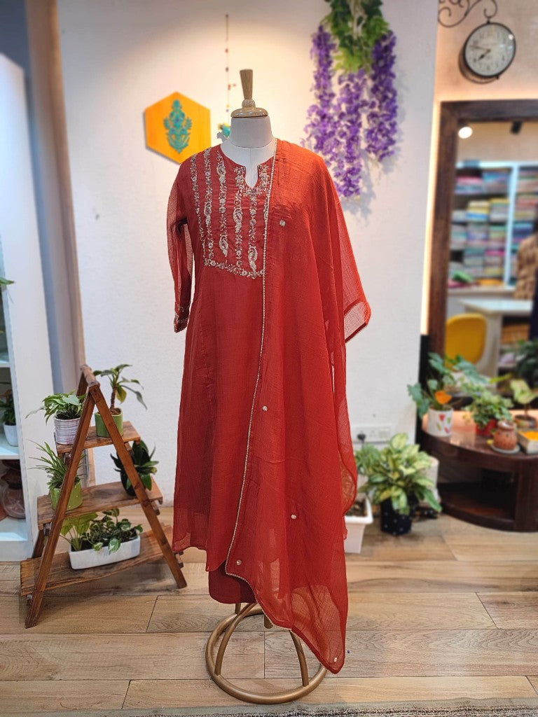 Buy Now Rust Chanderi Silk Partywear Suit Set with Handwork 