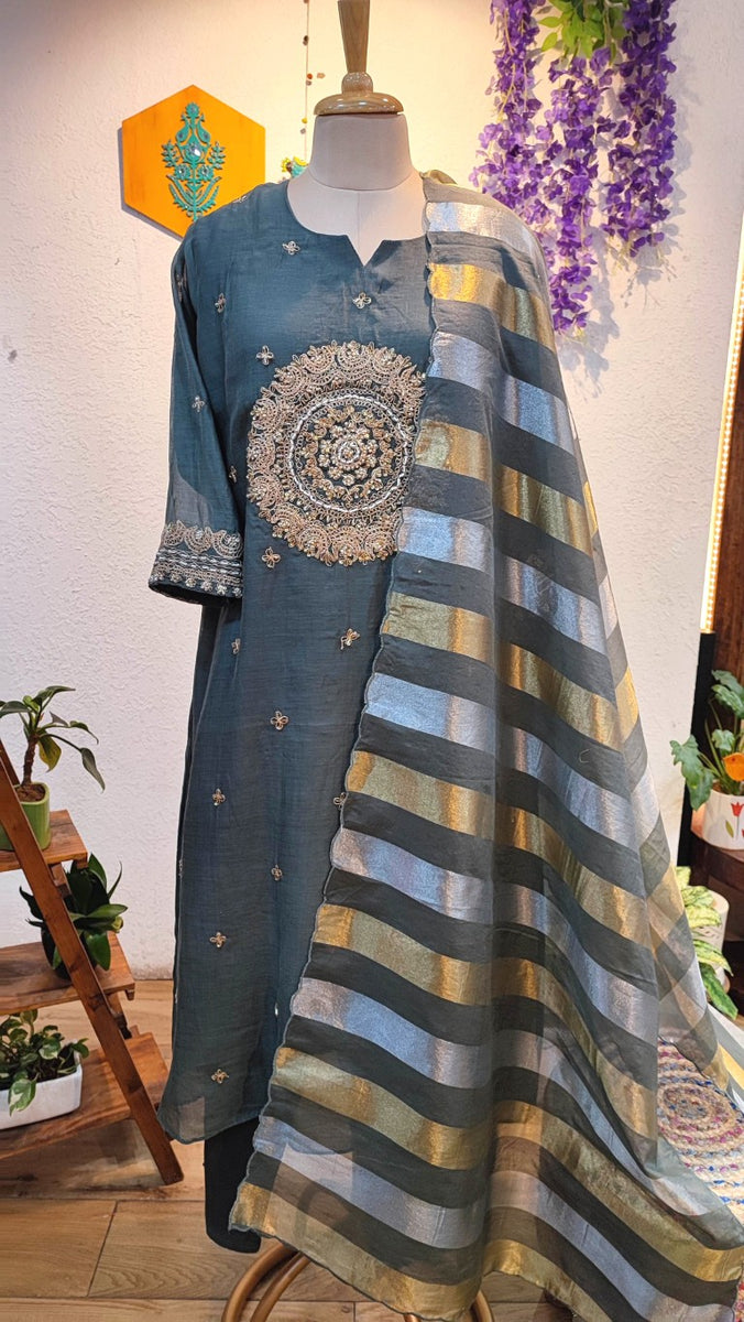 Buy Grey Crepe Silk Suit with Handwork and Organza Dupatta

