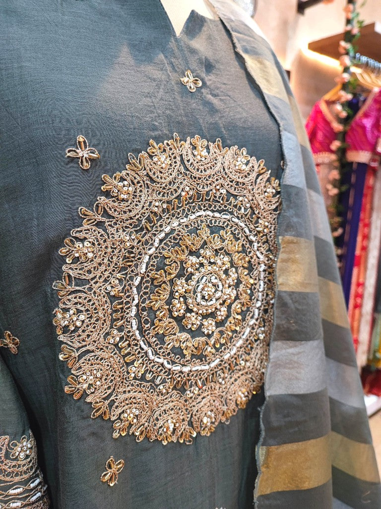 Buy Grey Crepe Silk Suit with Handwork and Organza Dupatta

