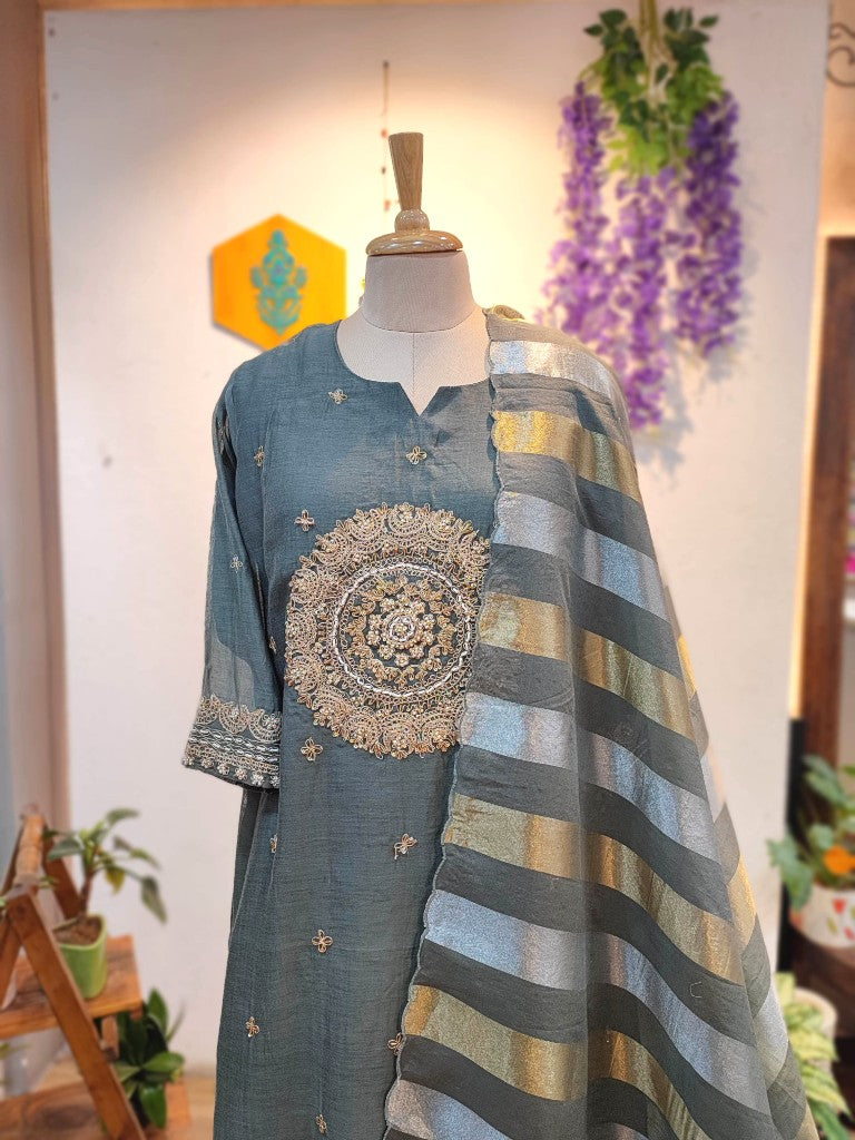 Buy Grey Crepe Silk Suit with Handwork and Organza Dupatta

