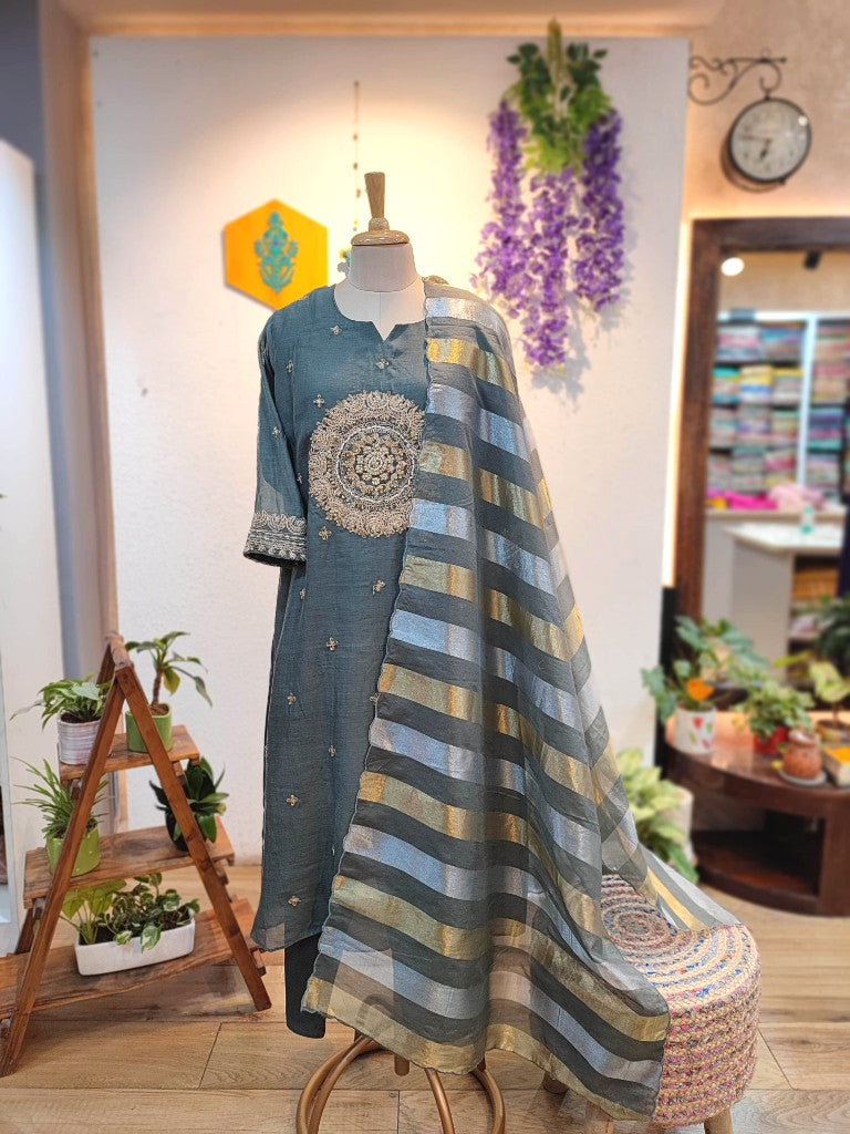 Buy Grey Crepe Silk Suit with Handwork and Organza Dupatta

