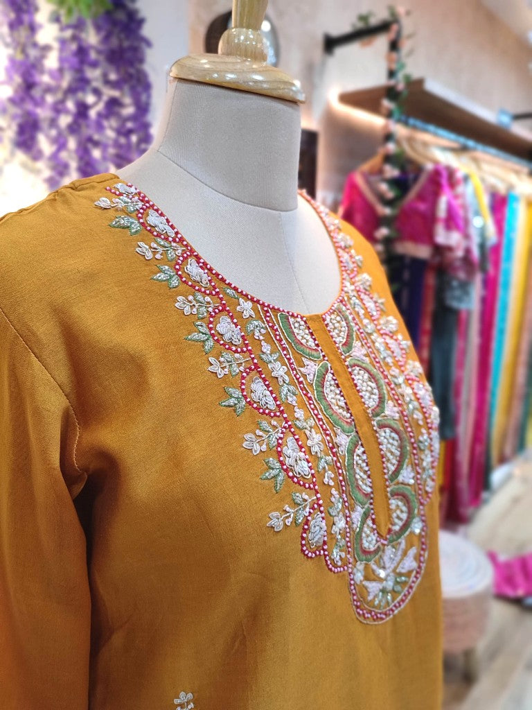 Buy Yellow Chanderi Silk Partywear Suit with Handwork Online Discount