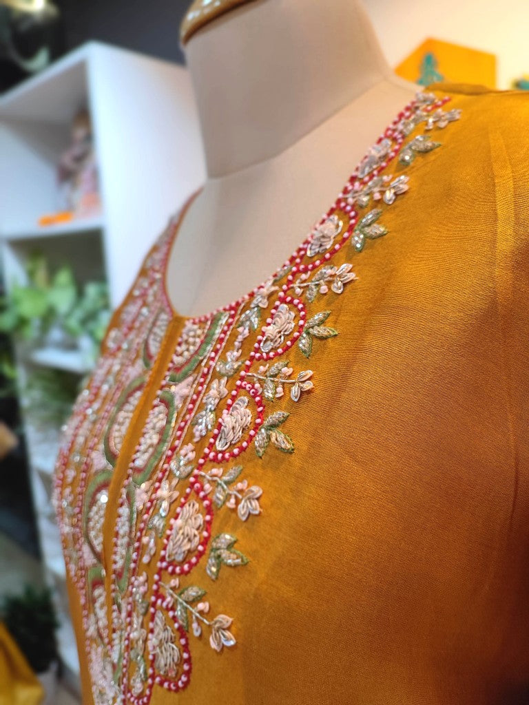 Buy Yellow Chanderi Silk Partywear Suit with Handwork Online Discount