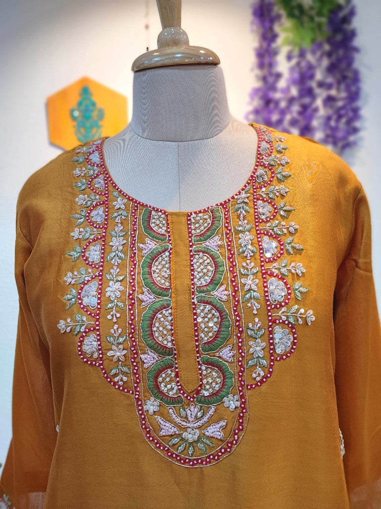 Buy Yellow Chanderi Silk Partywear Suit with Handwork Online Discount
