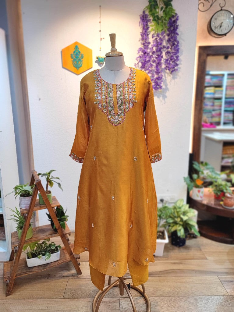 Buy Yellow Chanderi Silk Partywear Suit with Handwork Online Discount