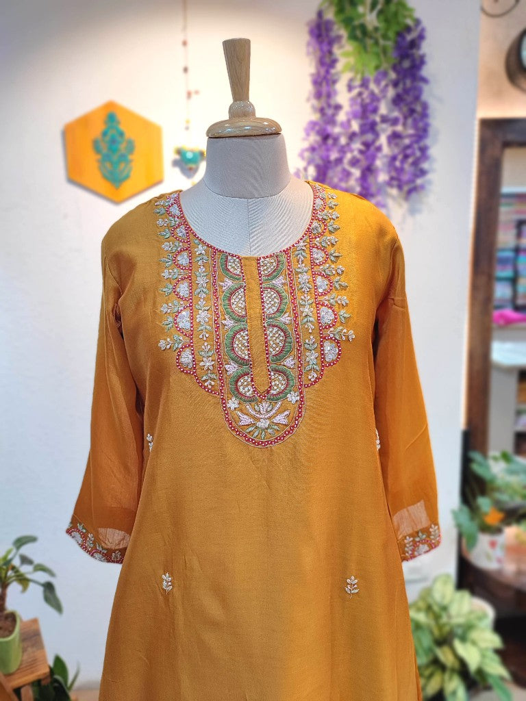 Buy Yellow Chanderi Silk Partywear Suit with Handwork Online Discount