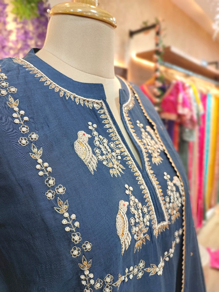 Dark Blue Chanderi Silk Partywear Suit with Handwork
