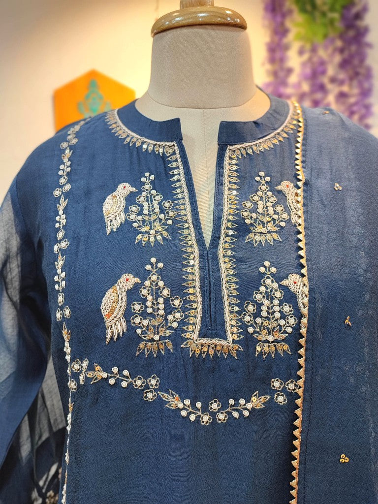 Dark Blue Chanderi Silk Partywear Suit with Handwork