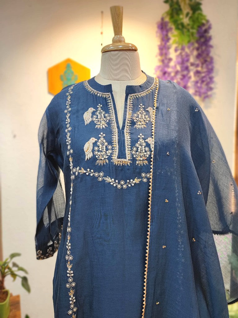 Dark Blue Chanderi Silk Partywear Suit with Handwork