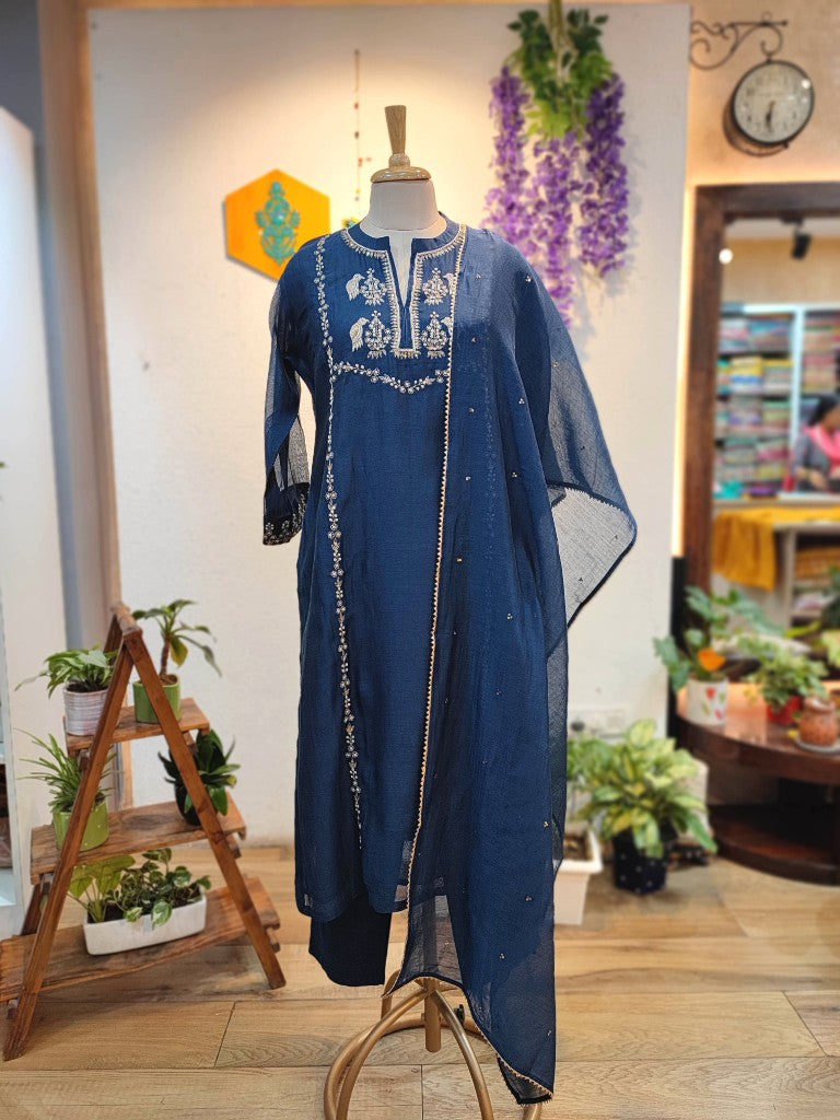 Dark Blue Chanderi Silk Partywear Suit with Handwork