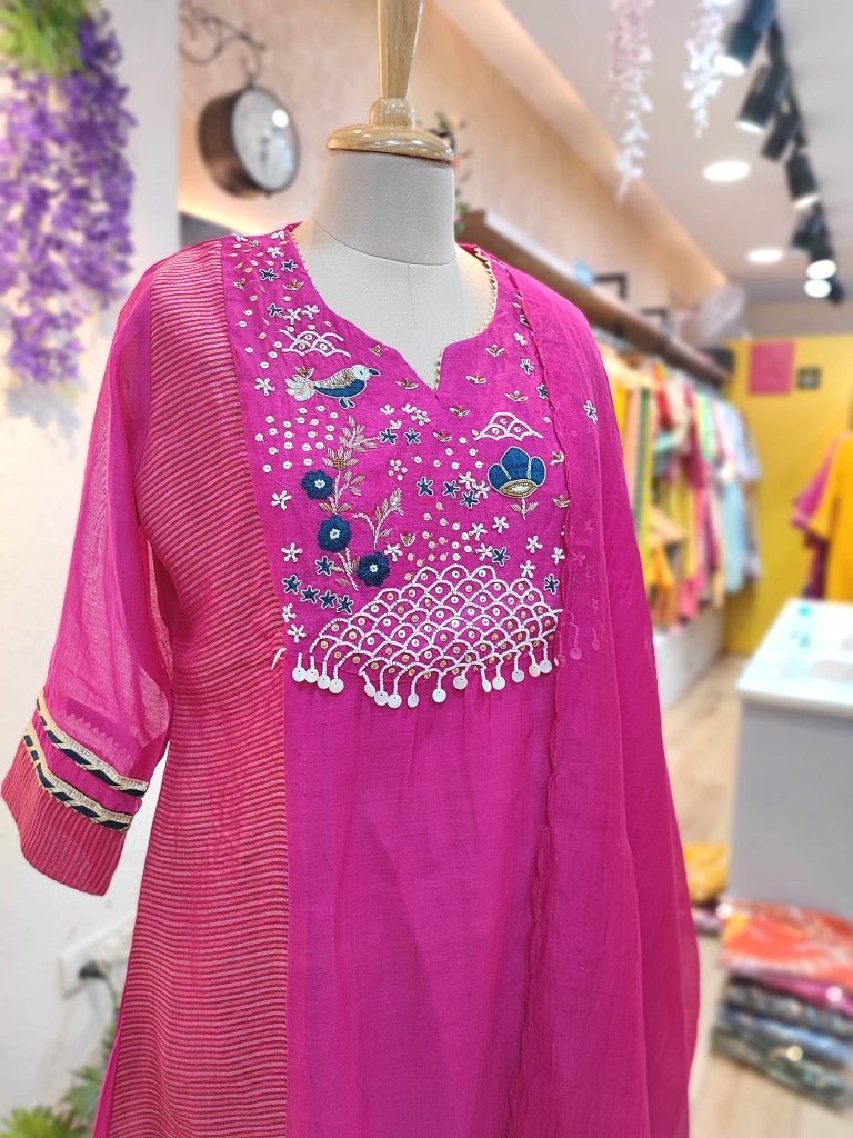 Chic Pink Chanderi Silk Partywear Suit with Handwork

