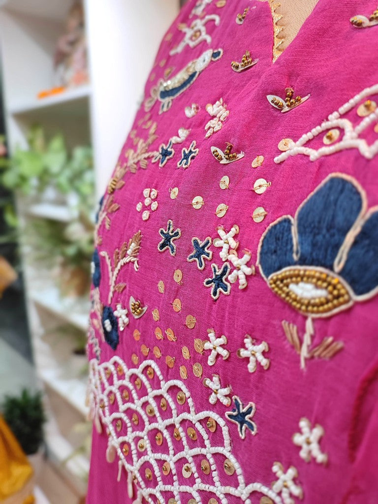 Chic Pink Chanderi Silk Partywear Suit with Handwork

