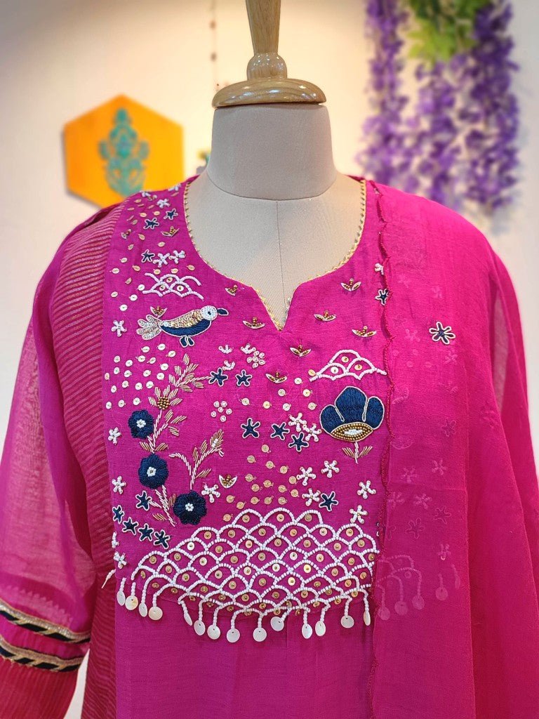 Chic Pink Chanderi Silk Partywear Suit with Handwork

