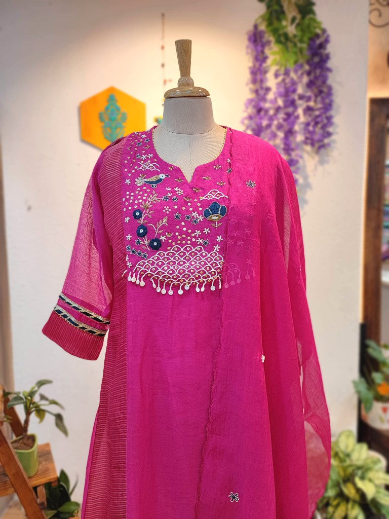 Chic Pink Chanderi Silk Partywear Suit with Handwork

