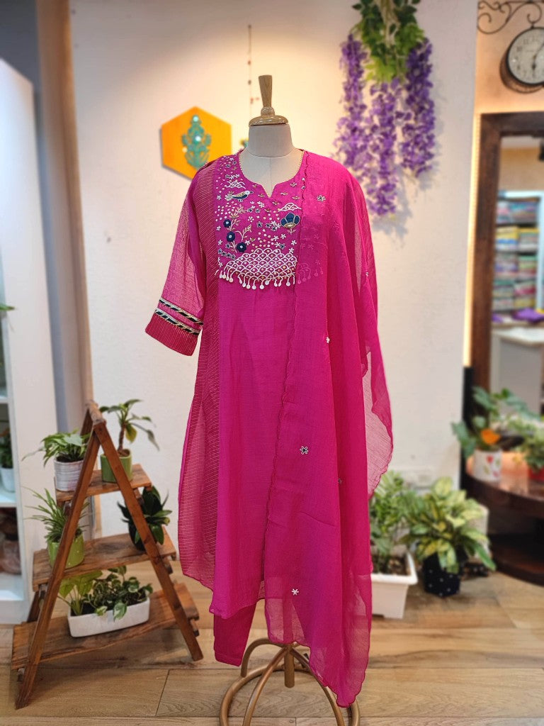 Chic Pink Chanderi Silk Partywear Suit with Handwork

