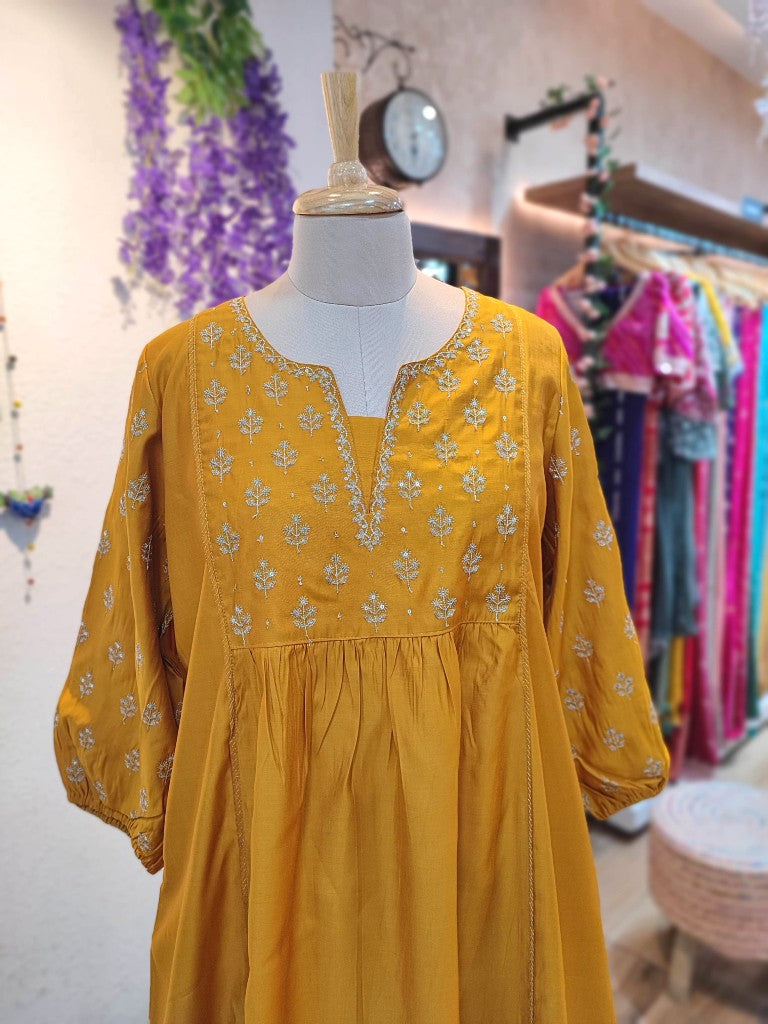 Yellow Chanderi Silk Suit with Handwork & Pants | Festive Wear