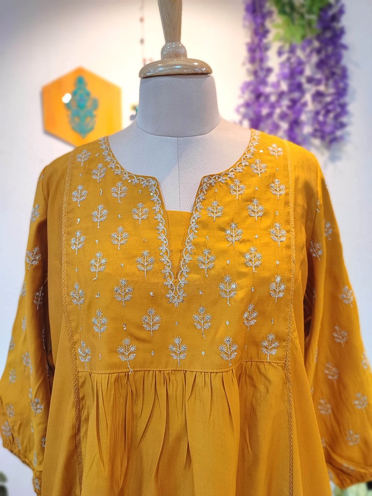 Yellow Chanderi Silk Suit with Handwork & Pants | Festive Wear