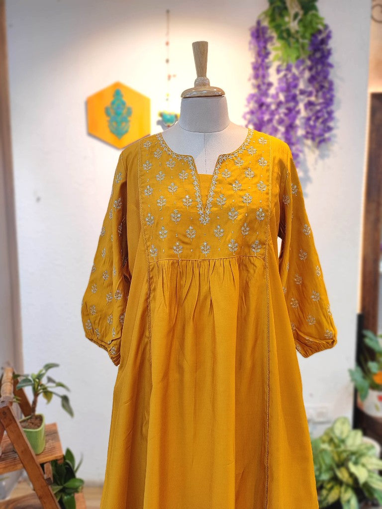 Yellow Chanderi Silk Suit with Handwork & Pants | Festive Wear