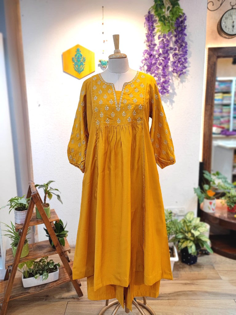 Yellow Chanderi Silk Suit with Handwork & Pants | Festive Wear