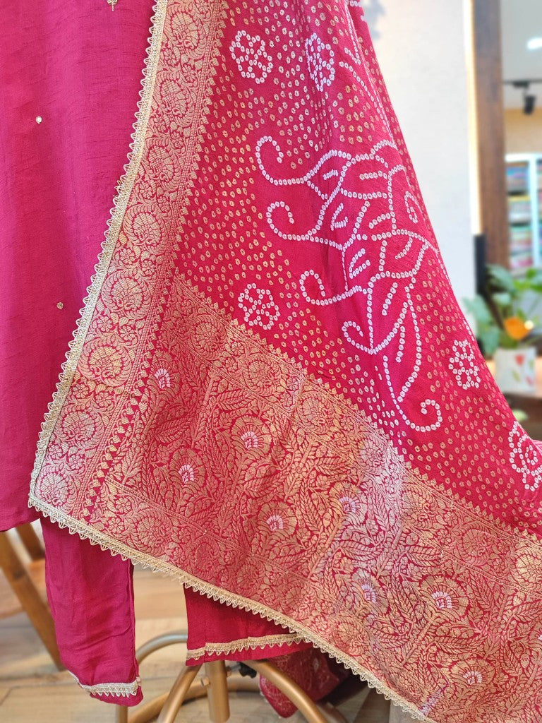 Buy Pink Chanderi Silk Partywear Suit with Bandhani Dupatta