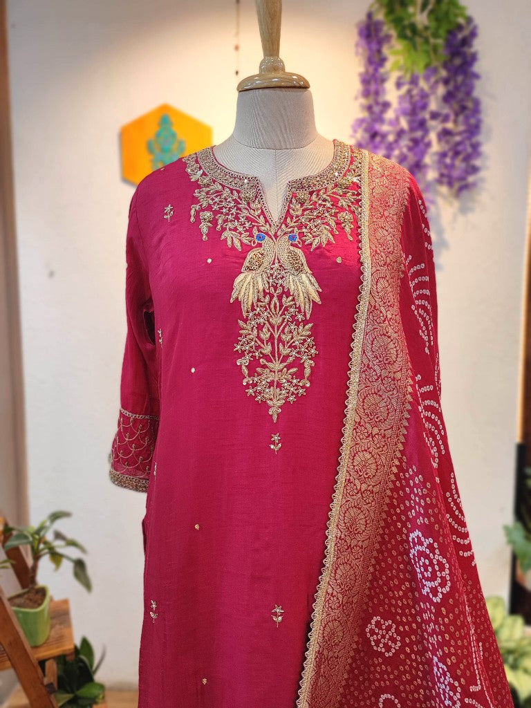 Buy Pink Chanderi Silk Partywear Suit with Bandhani Dupatta