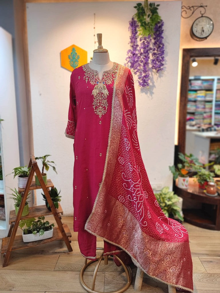 Buy Pink Chanderi Silk Partywear Suit with Bandhani Dupatta