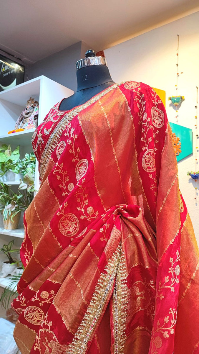 Red Shimmer Georgette Saree with Handwork Border