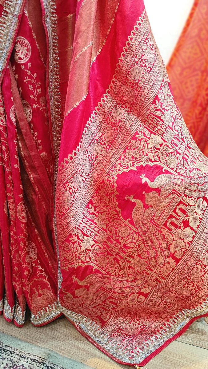 Red Shimmer Georgette Saree with Handwork Border