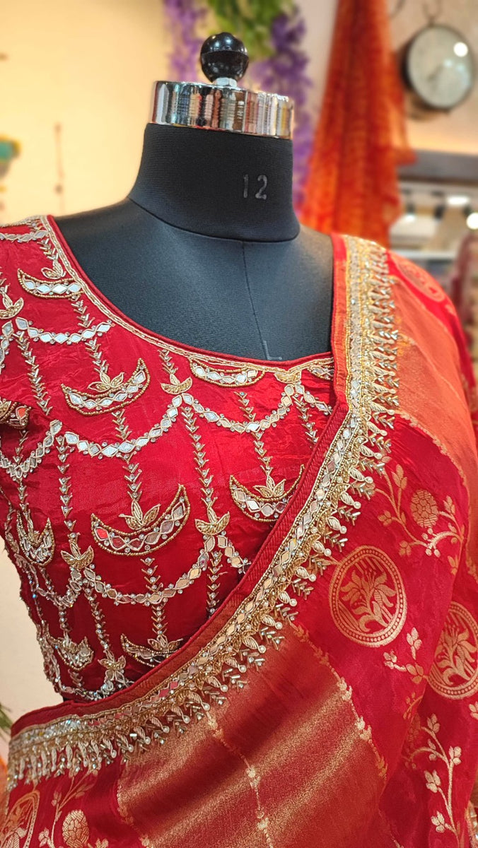 Red Shimmer Georgette Saree with Handwork Border