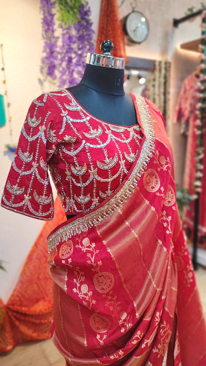 Red Shimmer Georgette Saree with Handwork Border