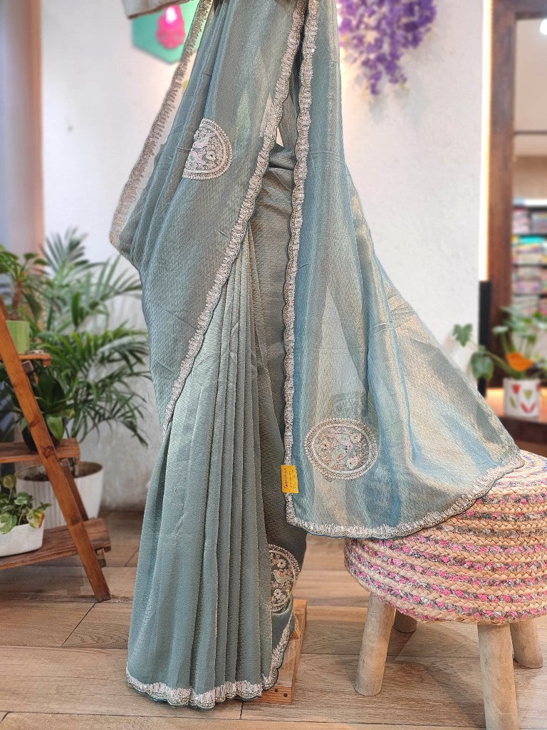 Buy Sea Green Shimmer Georgett Partywear Saree with Handwork
