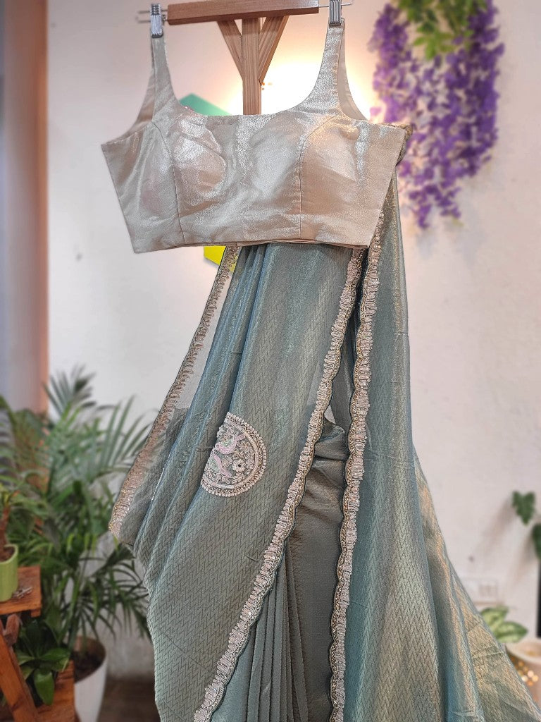 Buy Sea Green Shimmer Georgett Partywear Saree with Handwork