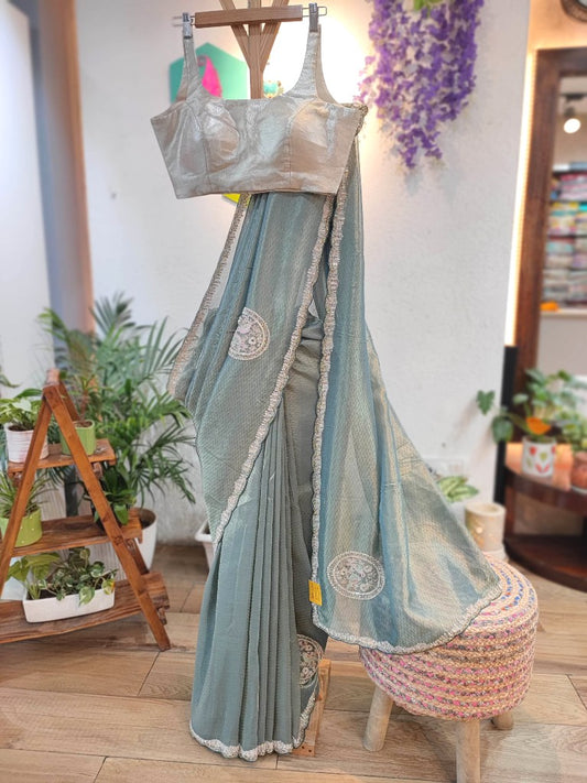 Buy Sea Green Shimmer Georgett Partywear Saree with Handwork