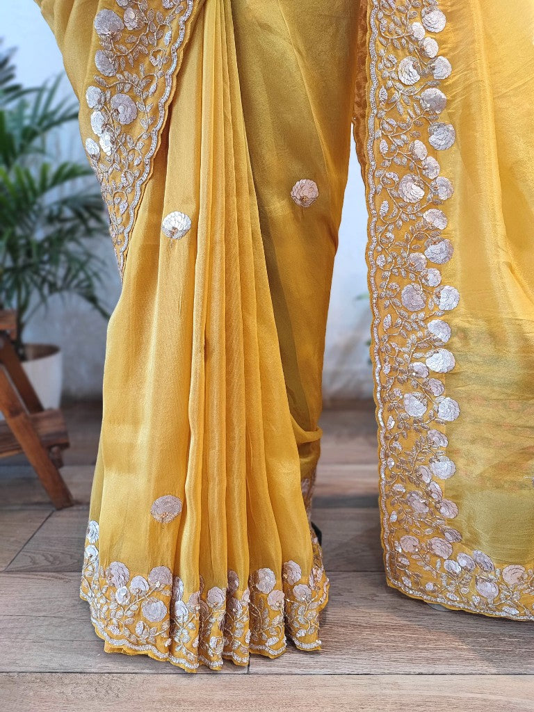 Buy Yellow Shimmer Georgette Partywear Saree Online