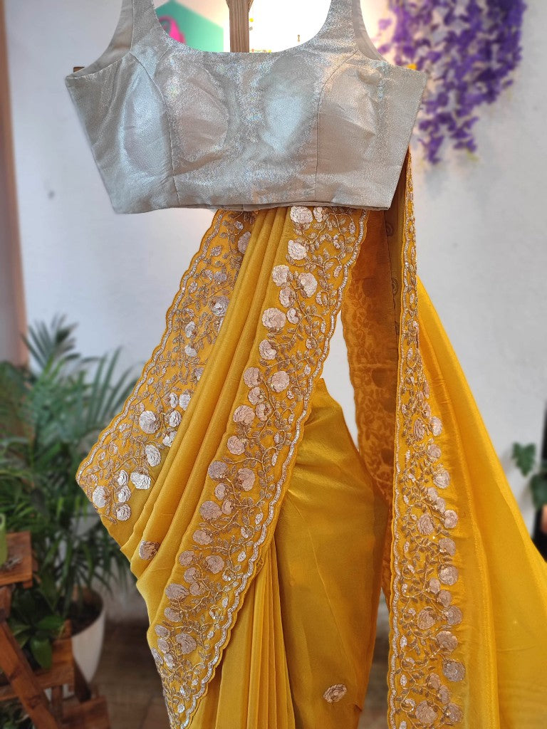 Buy Yellow Shimmer Georgette Partywear Saree Online