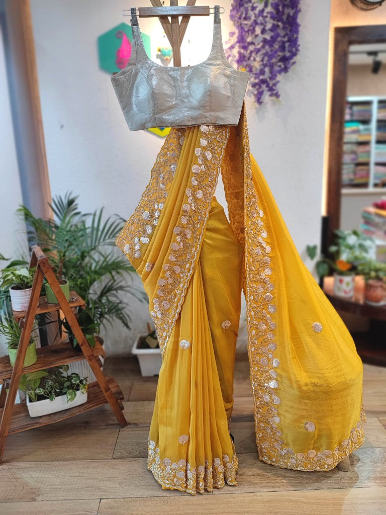 Buy Yellow Shimmer Georgette Partywear Saree Online