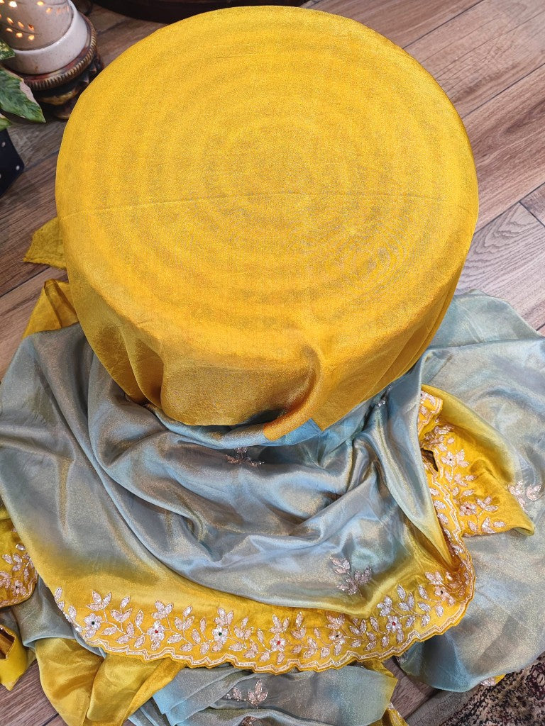 Yellow & Grey Georgette Shimmer Partywear Saree with Embroidery