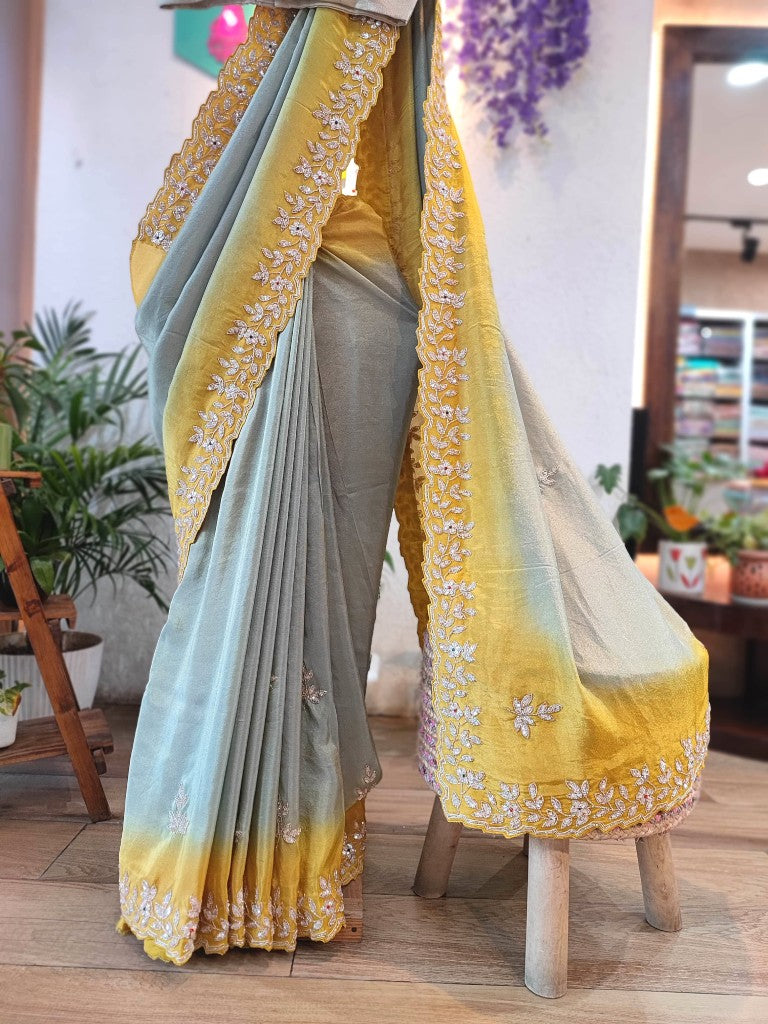 Yellow & Grey Georgette Shimmer Partywear Saree with Embroidery